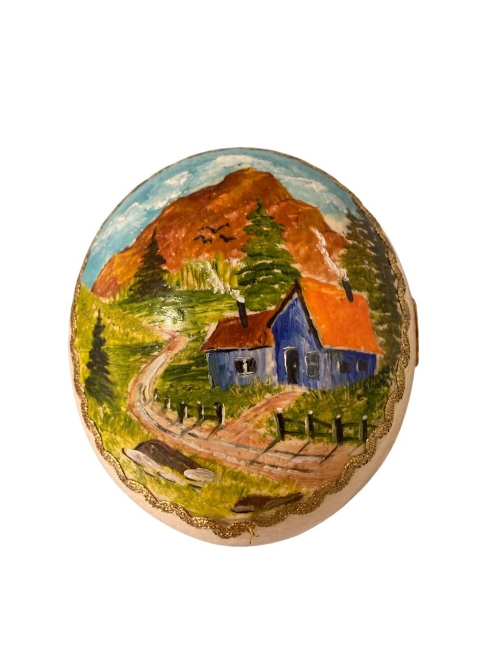 Hand Painted Ostrich Egg With Scenic Winter And Summer Landscapes